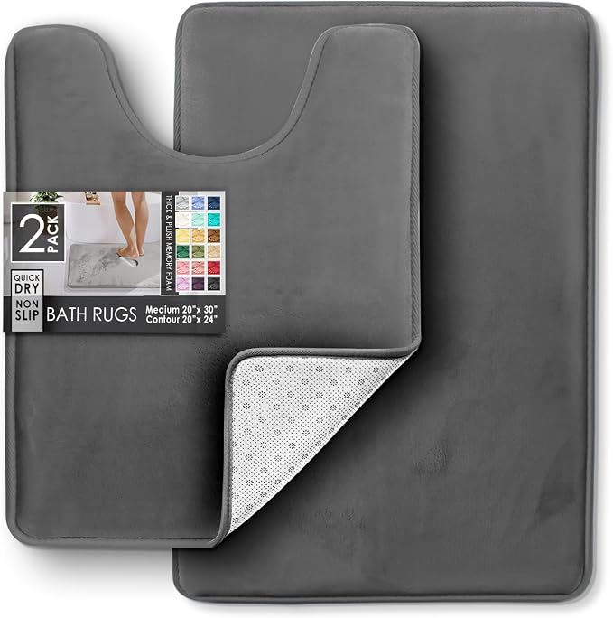 Clara Clark 2 Piece Bathroom Rugs, Velvet Memory Foam Bath Mat Set, Non-Slip Bath Rugs, Machine Wash, Dries Quickly, Ultra Soft Plush Bath Mats for Bathroom, 20 x 32 + Contour, Dark Grey