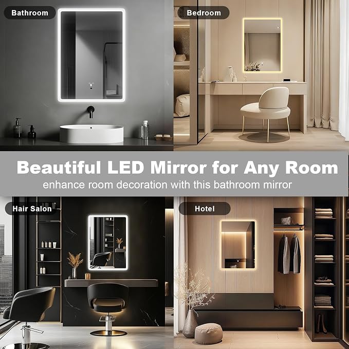 LED Bathroom Mirror, 20x28 in Vanity Mirrors with Backlit Lights for Shaving, Fogless Makeup Mirror Wall Mounted with Demister, Dimmable 3 Color Lighting, IP54, Hand Swipe, Vertically Only