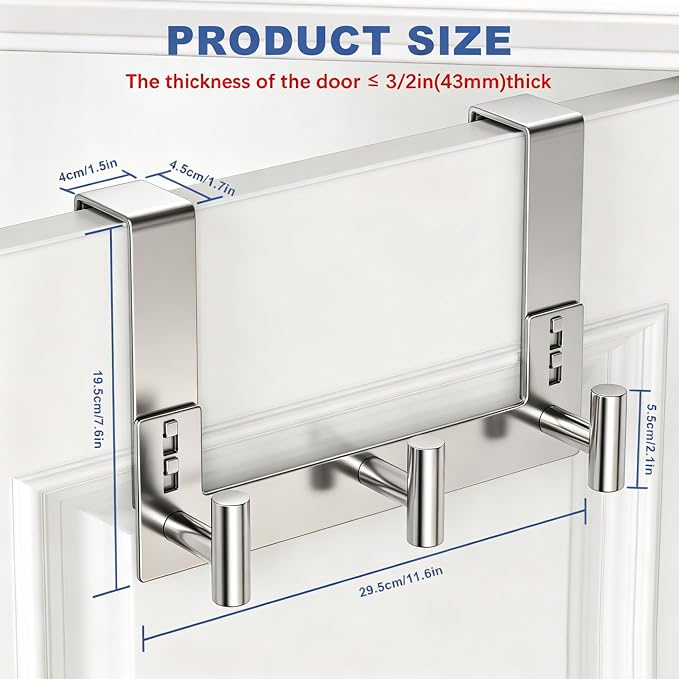 PMMASTO Over The Door Hooks, Fits 1-3/4" Thick Door No Drill Hooks for Closet Bathroom Bedroom Organization, Hanger for Coat Towel Robe (Polished Silver, 3 T-Hooks)