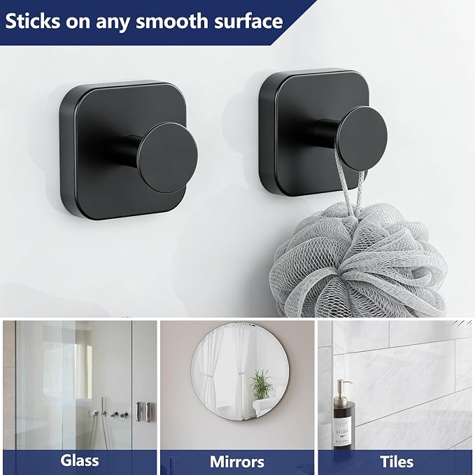Aikzik Adhesive Hooks for Shower, Heavy Duty Replaceable Sticky Large Wall Towel Hooks for Hanging Towel, Robe, Coat, Stainless Steel Hook for Bathroom and Door, Waterproof & Rustproof - 2 Pack, Black