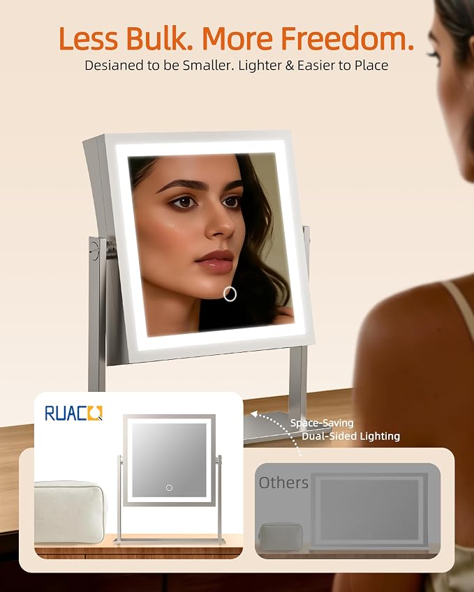 Ruacq Makeup Mirror with Lights, Dual Sided 1X/10X, Brushed Nickel | 8",4000mAh Rechargeable, Magnifying Mirror with 3 Color Lights,Touch Control Dimmable, 360° Rotation, Square, Gift for Women