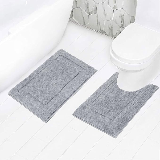 SHACOS Soft Microfiber Small Bathroom Rugs Set 2 Pieces with Toilet Rug | Absorbent Plush Bath Mats U Shaped Shower Bath Rug, Non Slip Washable Fluffy Bathroom Floor Mats, 24x16+24x20, Light Grey