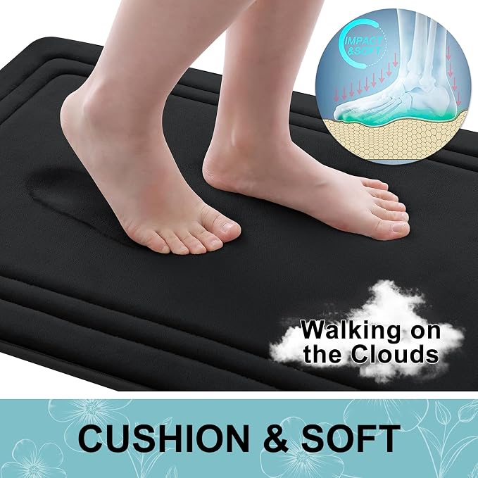 Grandaily Memory Foam Bath Mat Rug 47x24, Ultra Soft, Non-Slip and Absorbent Bathroom Rugs, Machine Wash Dry, Comfortable Bath Carpet for Bathroom Floor, Tub and Shower, Black