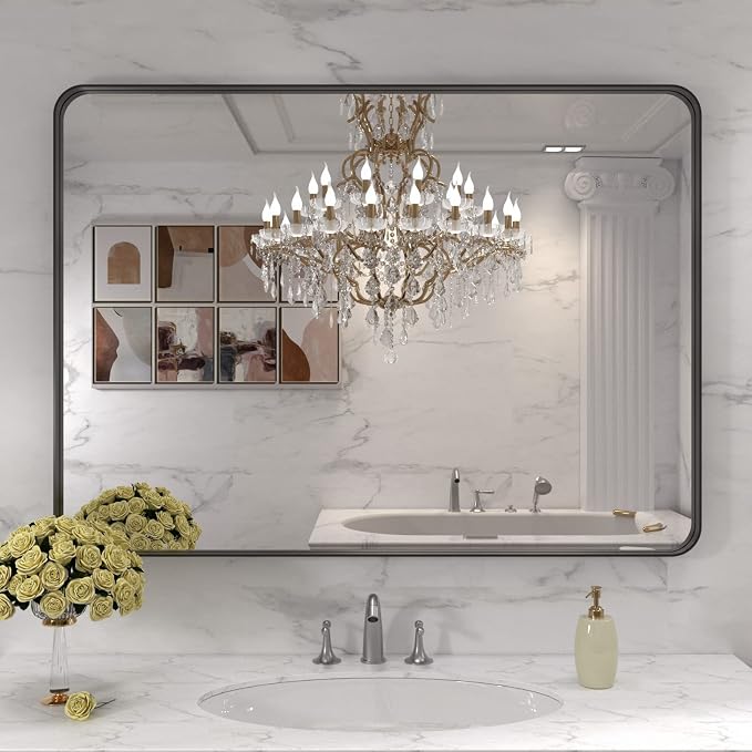LOAAO 40X32 Inch Black Metal Framed Bathroom Mirror for Wall, Matte Black Bathroom Vanity Mirror Farmhouse, Large Rounded Rectangle Mirror, Anti-Rust, Tempered Glass, Hangs Horizontally or Vertically | Matte Black, Rounded Rectangle Mirror, Anti-Rust, ...