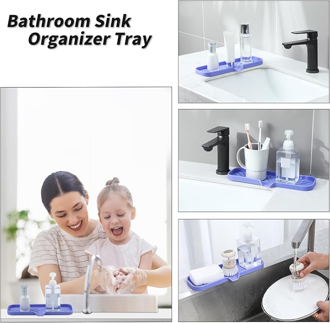 MicoYang Silicone Soap Dish with Drain Spout — Self-Draining Double Sink Organizer Tray for Kitchen & Bath, Dispensers, Sponges & Soap Holder, Non-Slip & Dishwasher Safe, Light Purple (Large, 12"×4")