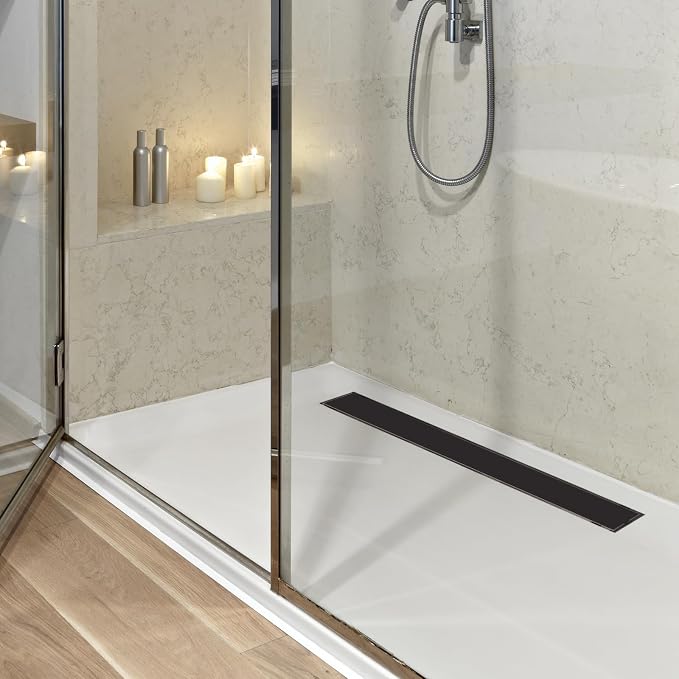 32 Inch Linear Shower Drain Matte Black Floor Drain for Bathroom Kitchen Rectangular 2 in 1 Floor Drain Tile Insert Cover 304 Stainless Steel Easy Install with Hair Strainer, Adjustable Leveling Feet