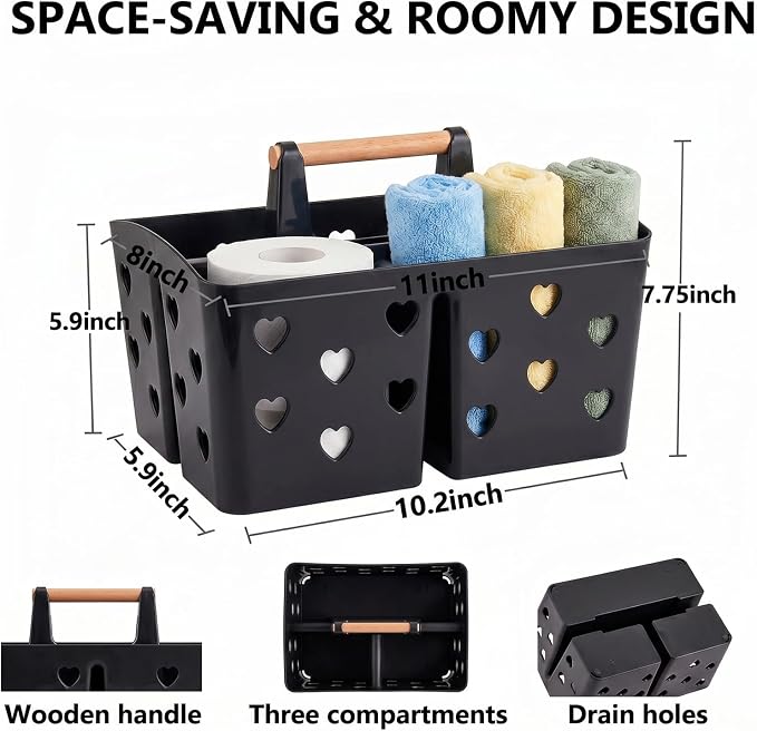 NINU Black Portable Shower Caddy with Handle, Plastic Shower Tote Basket with Divided Compartments and Drainage Holes, Bathroom Caddy Organizer for College Dorm, Gym, Camping, Shared Bathroom