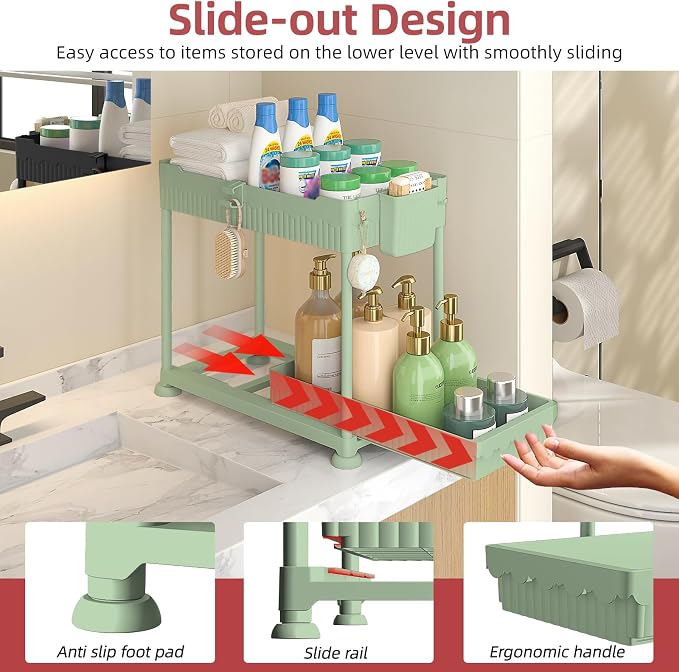 Sevenblue Under Sink Organizer, Bathroom Organizers and Storage, 2 Tier Multi-Use Pull Out Cabinet Organizer with Hang Hooks and Cups (Green, 12.8 Inch)