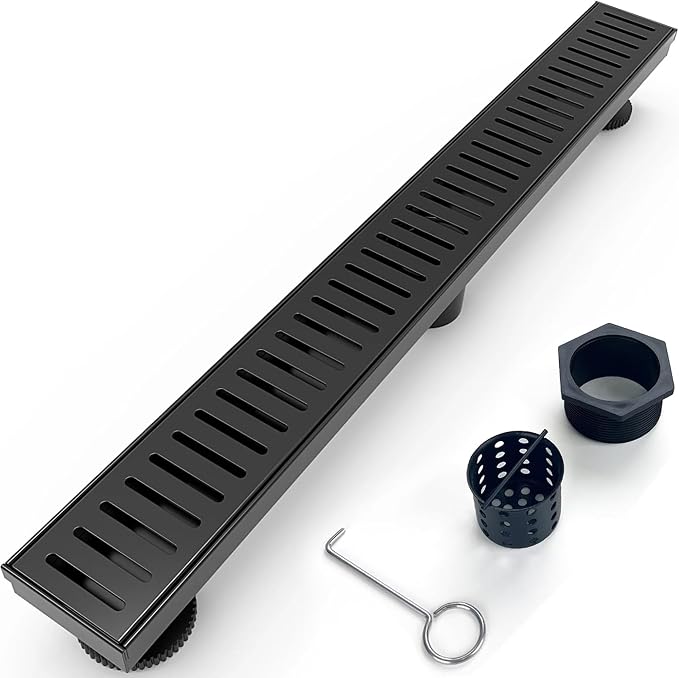 28 Inch Linear Shower Drain Bathroom Kitchen Matte Black Floor Drain Removable Capsule Pattern Cover Accessories Shower Drain 304 Stainless Steel Drain with Hair Strainer Adjustable Leveling Feet
