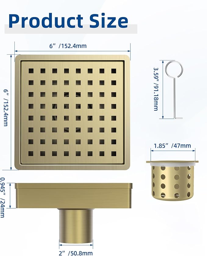 6 Inch Titanium Gold Shower Drain, Modern 304 Stainless Steel Square Shower Drain for Bathroom, Brushed Gold Shower Floor Drain with Grate Removable, Hair Strainer