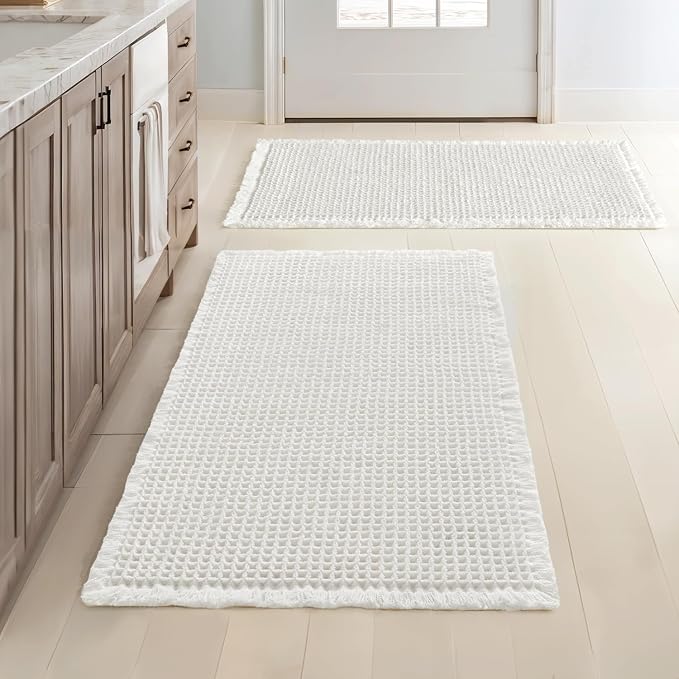 MIULEE Set of 2 Waffle Bathroom Rugs Boho Bath Mat White 24x36 Inch | Non Slip, Super Absorbent, Washable, Ultra Soft, Rubber Backed, Large Bath Rugs for Bathroom Floor Tub Shower