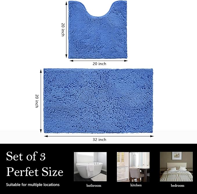 Bathroom Rugs Chenille Bath mat 2 Piece Set, Super Absorbent, Strong PVC Non Slip Backing, Bath mats for Bathroom, Plush Shaggy, Thick, Machine Washable, Bathtub, Toilet.(Snow Cyan)