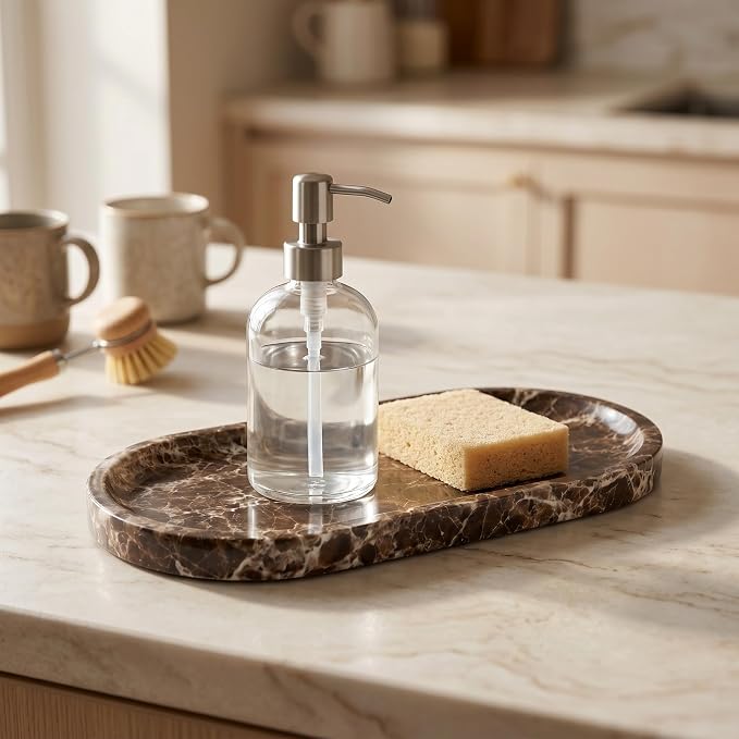 YKAJO Crystal Coffee Brown Oval Marble Tray, 9.8x4.7 Vanity Organizer Dish | Honed natural stone; jewelry & trinket dish, ring & key holder, soap & candle catchall; bath counter, dresser, coffee table