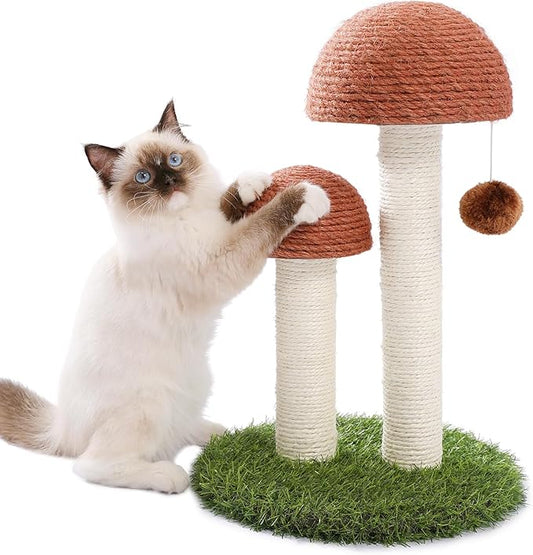 PETEPELA Mushroom Cat Scratching Post for Kittens & Small Cats, Brown | Tall 18.9" scratcher, natural sisal poles, weighted anti-tip base, dangling ball & mushroom top for kittens & small cats