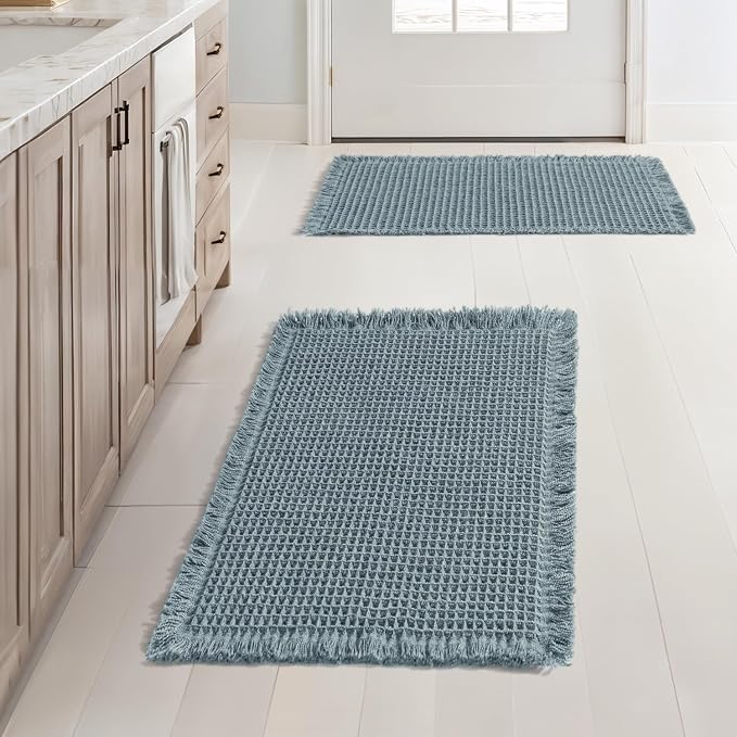 MIULEE Set of 2 Waffle Bathroom Rugs Boho Bath Mat Dusty Blue 17x24 Inch | Non Slip, Super Absorbent, Washable, Ultra Soft, Rubber Backed, Small Bath Rugs for Bathroom Floor Tub Shower