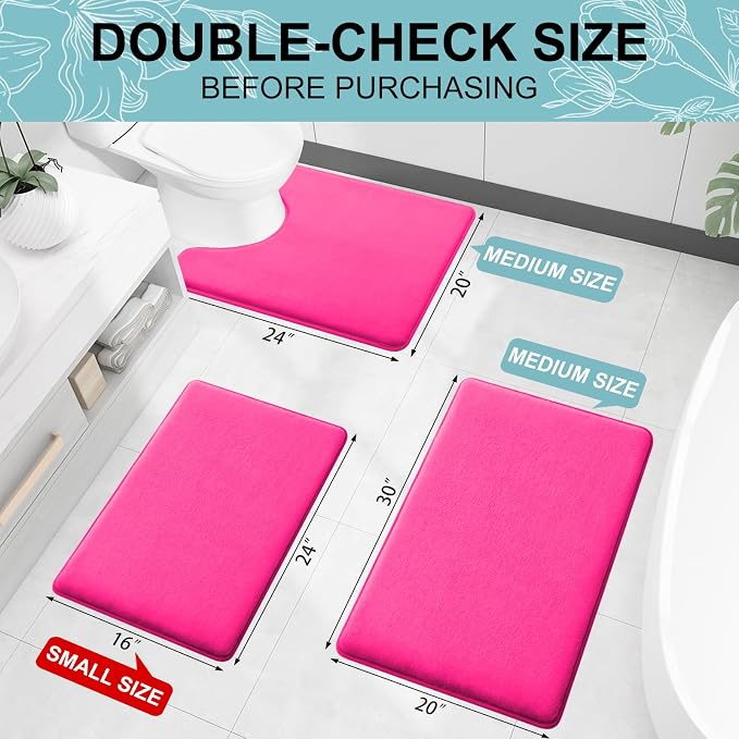 Smiry Memory Foam Bath Mat 24x16, Extra Soft and Absorbent Bathroom Rugs | Deep Pink, Quick Dry Machine Washable Non-Slip Bath Mat for Bathroom Floor, Shower and Tub