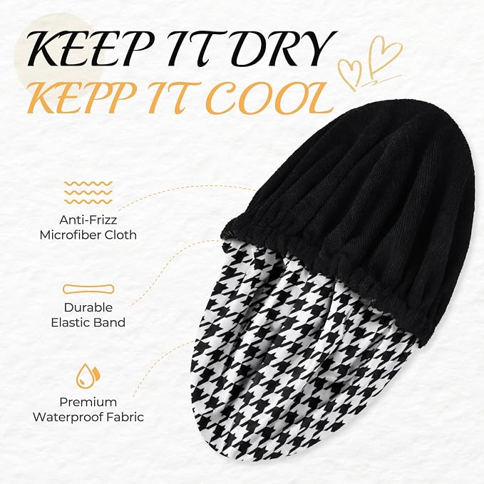 Shower Cap for Women Terry Lined Bath Cap Large Reusable Waterproof Elastic Black Houndstooth Shower Caps for Long Thick Hair Soft Bath Shower Hair Caps