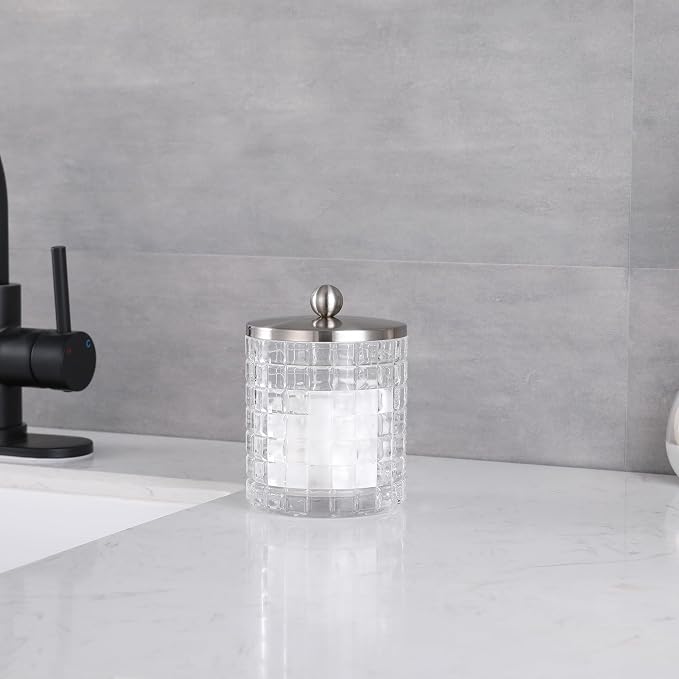 Clear transparent Apothecary Etched Geometric Grid Glass Jar W/Satin Nickel Metal Lid Cover for Bathroom Organization, Cotton Balls, Q Tips, and Small Accessories, Bathroom Storage