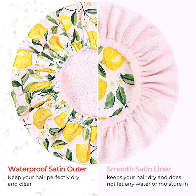 Shower Cap for Women Terry Lined Bath Cap Large Reusable Waterproof Elastic Lemon Shower Caps for Long Thick Hair Soft Bath Shower Hair Caps