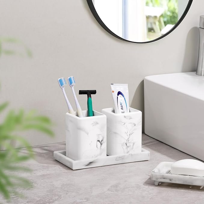 Luxspire Toothbrush Holders, Diatomite, 2 Pack, Marble | Fast Drying, Diatomaceous Earth, Electric Toothbrush Holder, Toothbrush and Toothpaste Holder, Bathroom Organizer Essentials