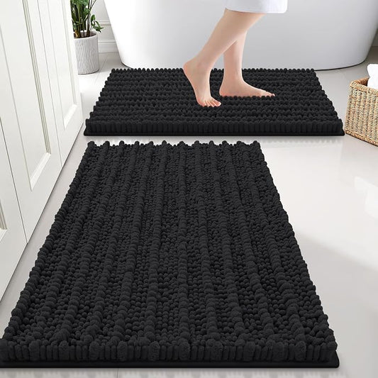 Smiry Bathroom Rugs Sets 2 Piece (30x20+24x16), Extra Soft Bath Mats | Black Soft Absorbent, Rubber Backing Machine Washable Quick Dry Chenille Bath Rug Set for Tub, Shower, and Floor