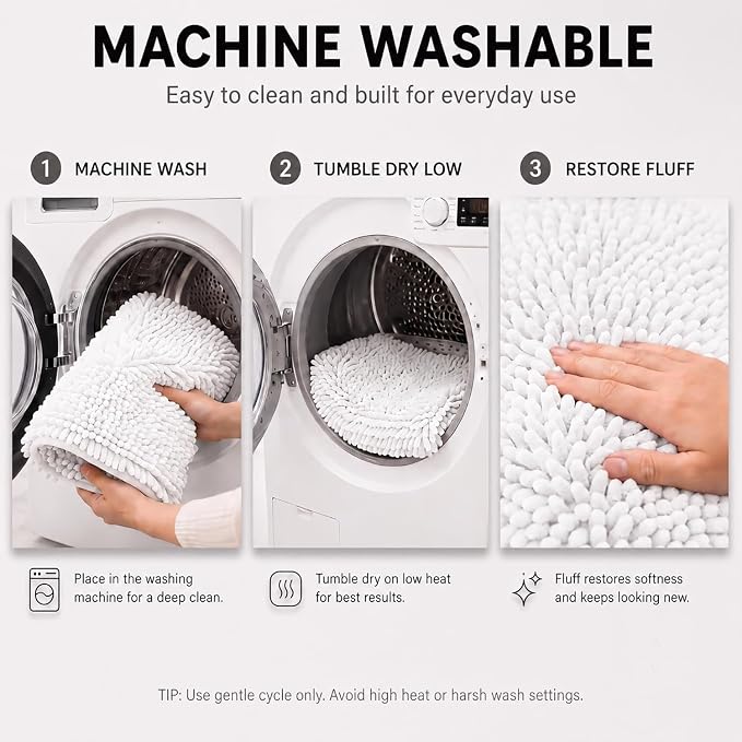 Bathroom Rugs Sets 2 Piece,Super Absorbent Soft,Thick,Machine Washable Chenille Bath Mat,Non Slip Toilet Floor Rug,Bath Mats for Bathroom,20x32 Plus 20x20 U Shape,White