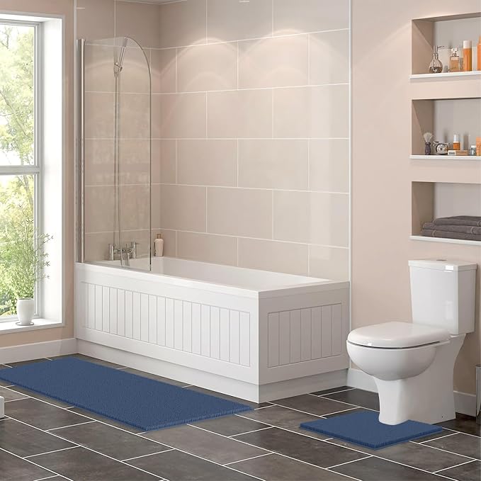 LuxUrux 2-Piece Bathroom Rug Set – Plush Chenille Runner & U-Shaped Toilet Mat, Soft, Absorbent & Non-Slip Design (20x20 U & 27x47 inches, Medium Blue)