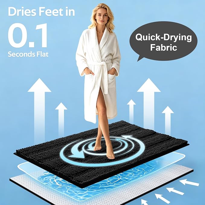 ACCUMTEK Striped Black Bathroom Rug Mat Set 2 piece 32"x20"+24"x17" Ultra Soft, Non Slip Chenille Bath Rugs, Absorbent Plush Shaggy Bath Mats for Bathroom, Bedroom, Kitchen, Shower, Tub