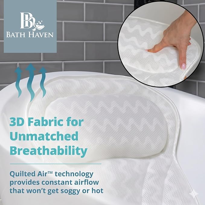 Bath Pillow Bathtub Pillow Back Neck Support Pillow, Spa Cushion for Tub, Relaxing Headrest Bath Pillow, Portable Washable Bathtub Accessories with 3D Air Mesh Thick Soft Cushion (Bright White)