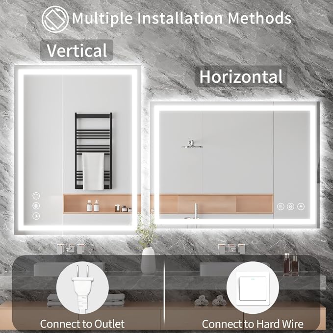 Koonmi 40x36 LED Bathroom Mirror with Light, Anti-Fog, 3 Colors | Backlit + Front Lit, Dimmable Brightness, Shatterproof HD Distortion-Free Tempered Glass, Hardware Included