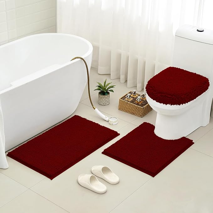 HOMEIDEAS 3 Pieces Burgundy Bathroom Rugs Set, Ultra Soft Non Slip Bath Rug and Absorbent Chenille Bath Mat, Includes U-Shaped Contour Rug, Bath Mat and Toilet Lid Cover, Perfect for Bathroom, Tub