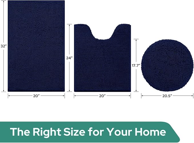 HOMEIDEAS 3 Pieces Navy Blue Bathroom Rugs Set, Ultra Soft Non Slip Bath Rug and Absorbent Chenille Bath Mat, Includes U-Shaped Contour Rug, Bath Mat and Toilet Lid Cover, Perfect for Bathroom, Tub