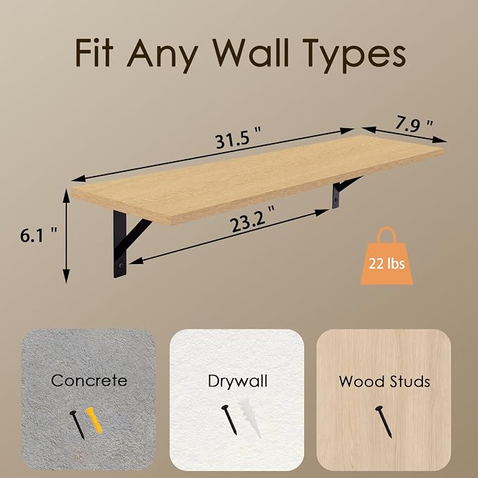 DINZI LVJ Long Wall Shelves, 31.5 Inch Wall Mounted Shelves Set of 2, Easy-to-Install, Wall Storage Ledges with Sturdy Metal Brackets for Living Room, Bathroom, Bedroom, Kitchen, Natural