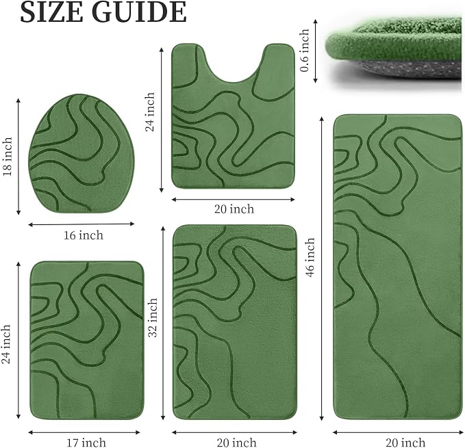 Memory Foam Bathroom Rugs Sets 5 Piece, Ultra Soft Bath Mat, Olive Green | Ultra Soft, Extra Thick Bath Mat, Absorbent, Non-Slip, Machine Washable, For Tub, Shower & Home Decor Accessories