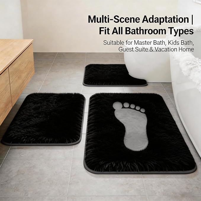 Bathroom Rugs Set Plush Velvet Bath Rugs Non-Slip Shaggy Bath Mat Set 3 Piece,Washable Mats,Absorbent Shaggy Rugs Super Soft U-Shaped Toilet Rug,Bahroom Carpets for Bathroom,Tub,Shower Black
