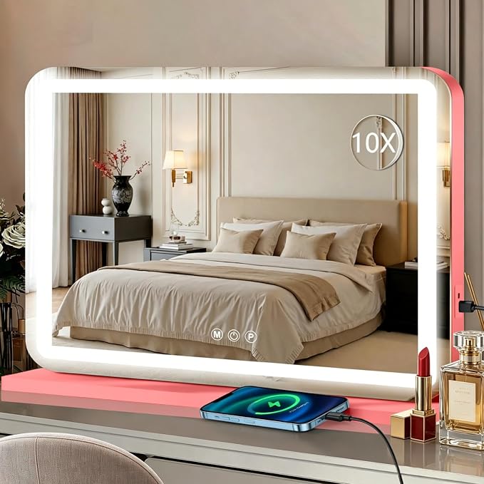 Ratsamee 23"x18" Pink Vanity Mirror with Lights, Led Makeup Mirror, Lighted Makeup Mirror with 3 Color Dimmable Lights, Smart Touch Screen Control, Aluminum Metal Frame,USB Charging Port