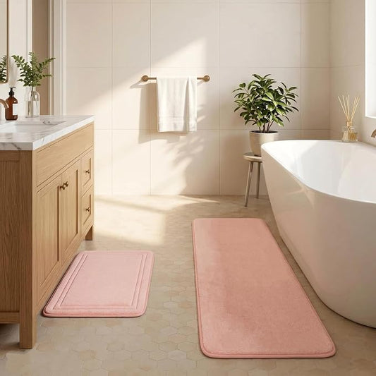Pink Bathroom Rugs Memory Foam Bath Mat Runner Rug Set of 2 | Non Slip Washable Floor Mats Soft Absorbent Plush Microfiber Shower Tub Bathrug Blush
