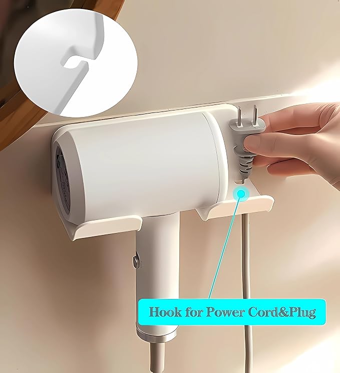 2-Pack Universal Hair Dryer Holder, Self Adhesive Wall Mount, White | Universal storage rack fits most brand blow dryers, ideal for bathroom organization