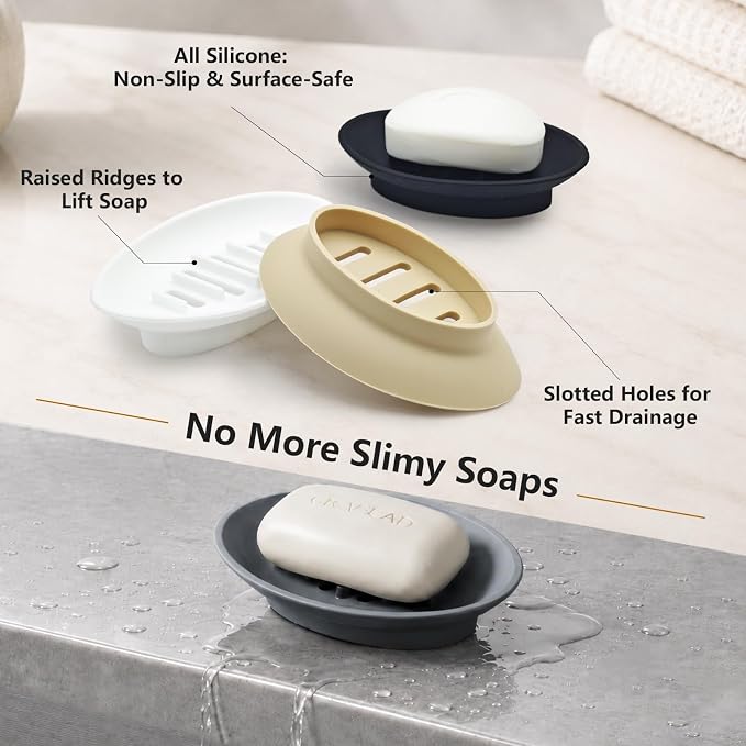 2 Pack Silicone Bar Soap Holder for Shower, Self-Draining Black Soap Dish Tray for Bathroom Sink, Kitchen Counter, Shower Niche/Shelf, Bathtub, Easy Cleaning Simple Oval Soap Saver Stand