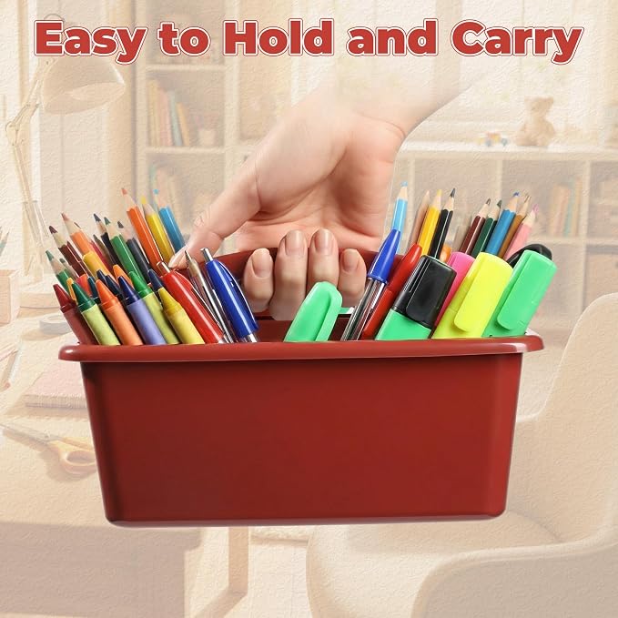 Kathfly 4 Pack Classroom Caddy Organizer with Handle, Plastic Art Craft Cleaning Caddy Bulk, Small Multipurpose Supply Organization Storage Basket for Table Desk Office Pencil Teacher (Deep Color)