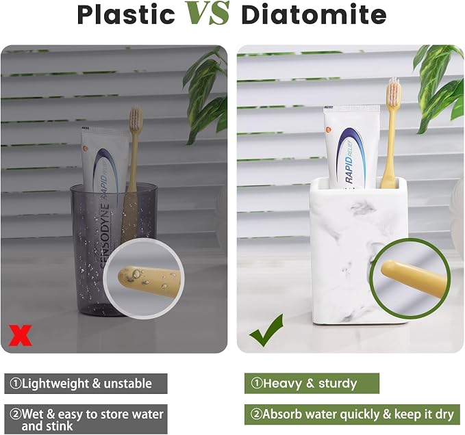 Luxspire Toothbrush Holders, Diatomite Toothbrush Cups for Bathroom, Marble | Fast Drying, Diatomaceous Earth, Electric Toothbrush Holder, Toothbrush and Toothpaste Holder, Bathroom Organizer Essentials
