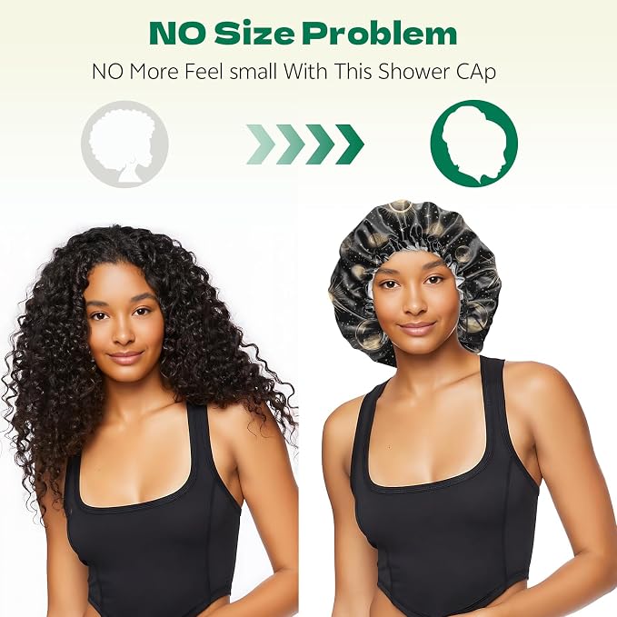 2 PCS Shower Cap Waterproof Double Layer Elastic Adjustable Reusable Hair Bath Caps for Girls Women Cute Aesthetic-Black 2