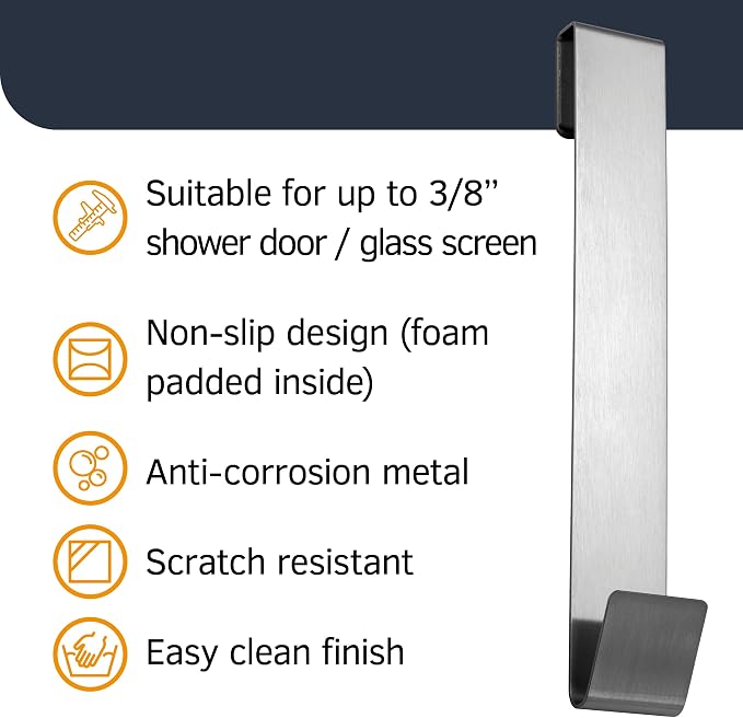 8" Shower Hooks, Silver, 2 Pack - Shower Towel & Door Hook for Frameless Glass Door (3/8" / 10mm)
