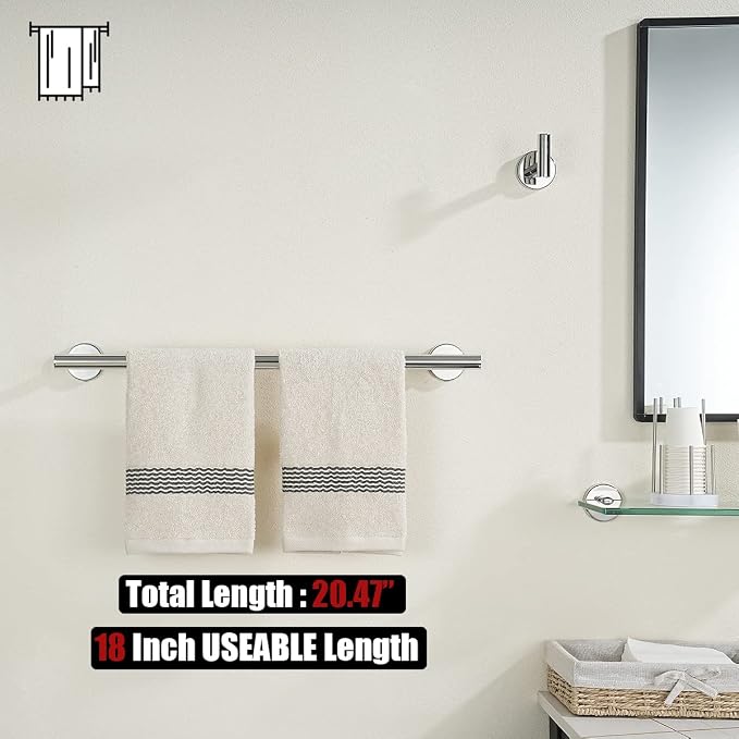 JQK Chrome Towel Bar, 20.5 Inch 304 Stainless Steel Thicken 0.8mm Towel Rack Bathroom, Towel Holder Polished Finished Wall Mount, Useable Length 18 Inch, TB110L18-CH