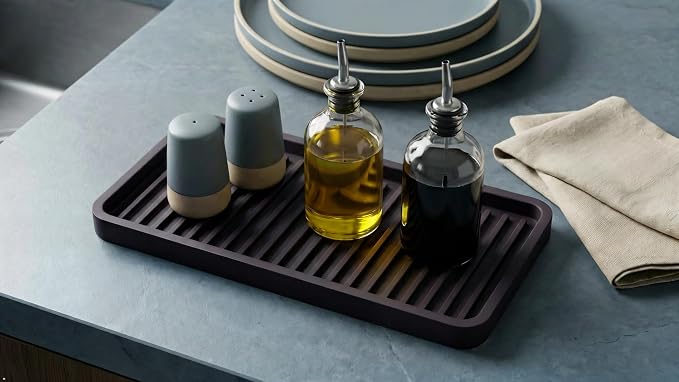 Silicone Sink and Surface Organizer Tray, Sponge Holder, Vanity Tray, Trivet, Heat Safe, Dishwasher Safe, for Bathroom and Kitchen Organization (Black, 10"x5.25")