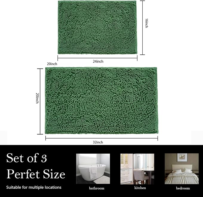 Bathroom Rugs Chenille Bath mat 2 Piece Set, Super Absorbent, PVC Non Slip Backing, Bath mats for Bathroom, Plush Shaggy, Thick, Machine Washable, Bathtub, Shower, Toilet.(Deep Green)