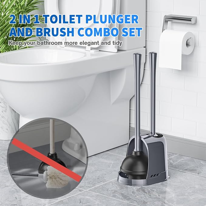 LOVLOY Toilet Plunger and Brush, Bowl Brush and Heavy Duty Toilet Plunger Set with Ventilated Holder, 2-in-1 Toilet Brush and Plunger Combo for 5.3-inch Toilet Drain Bathroom Cleaning (White)