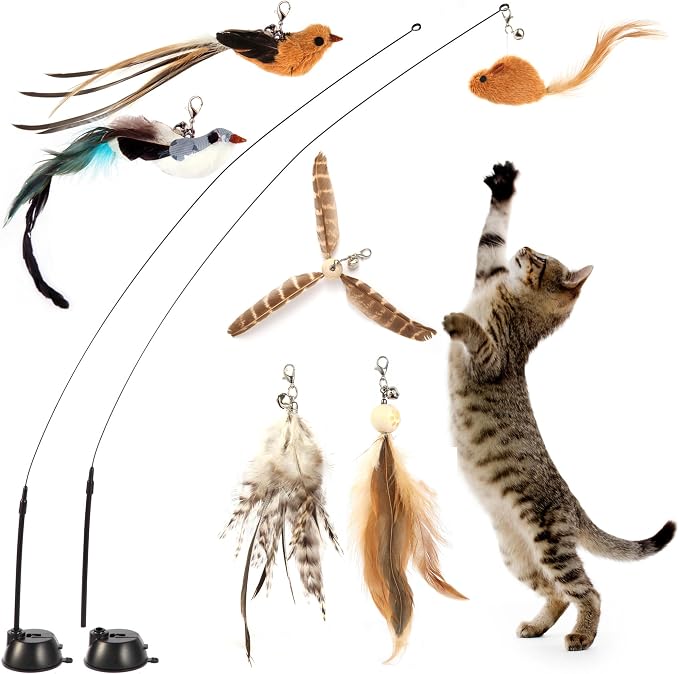 Interactive Bird Simulation Cat Toy Set | Cat Wand Toys,Includes 2 Self-Holding Suction Cup Bases and 6 Detachable Replacement Feather Toys
