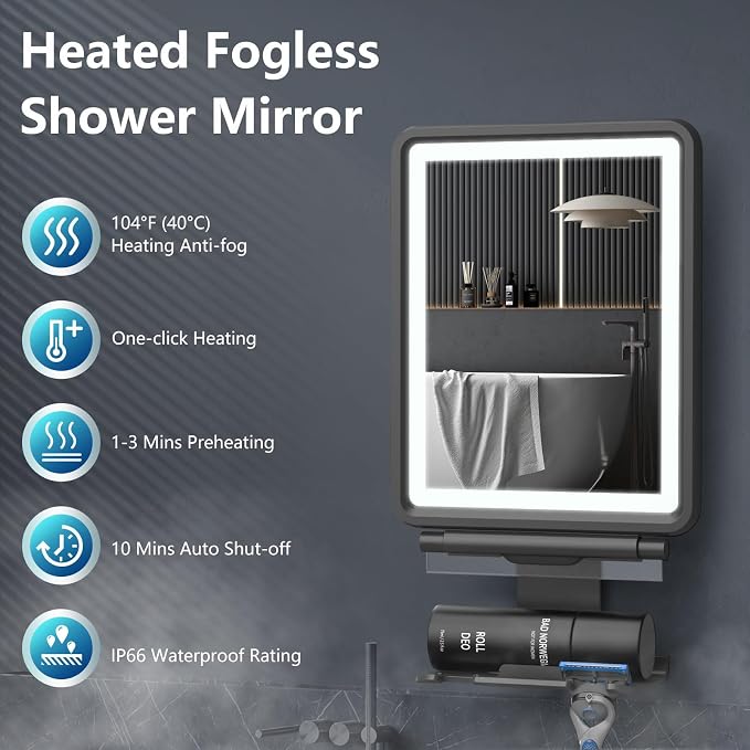 Heated Shower Mirror Fogless for Shaving, Anti-Fog Mirror for Shower | 3 Colors Stepless Dimmable Lights, 5000mAh Rechargeable Battery with Razor Holder, No-Drilling, Light Memory Function