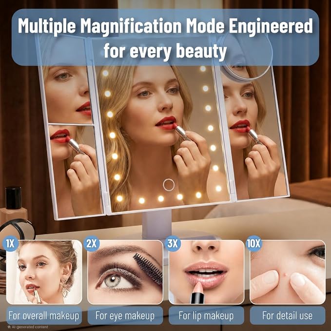 Ms. Pen- Tri-Fold Makeup Mirror Vanity with Lights, 9" x 13.6" | 1X/2X/3X/10X Magnification, 24 LED Touch Screen, Dual Power Supply, 180° Rotation